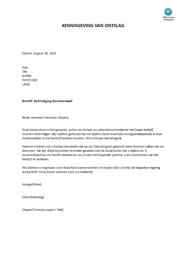 opzeggingsbrief arbeidsovereenkomst template