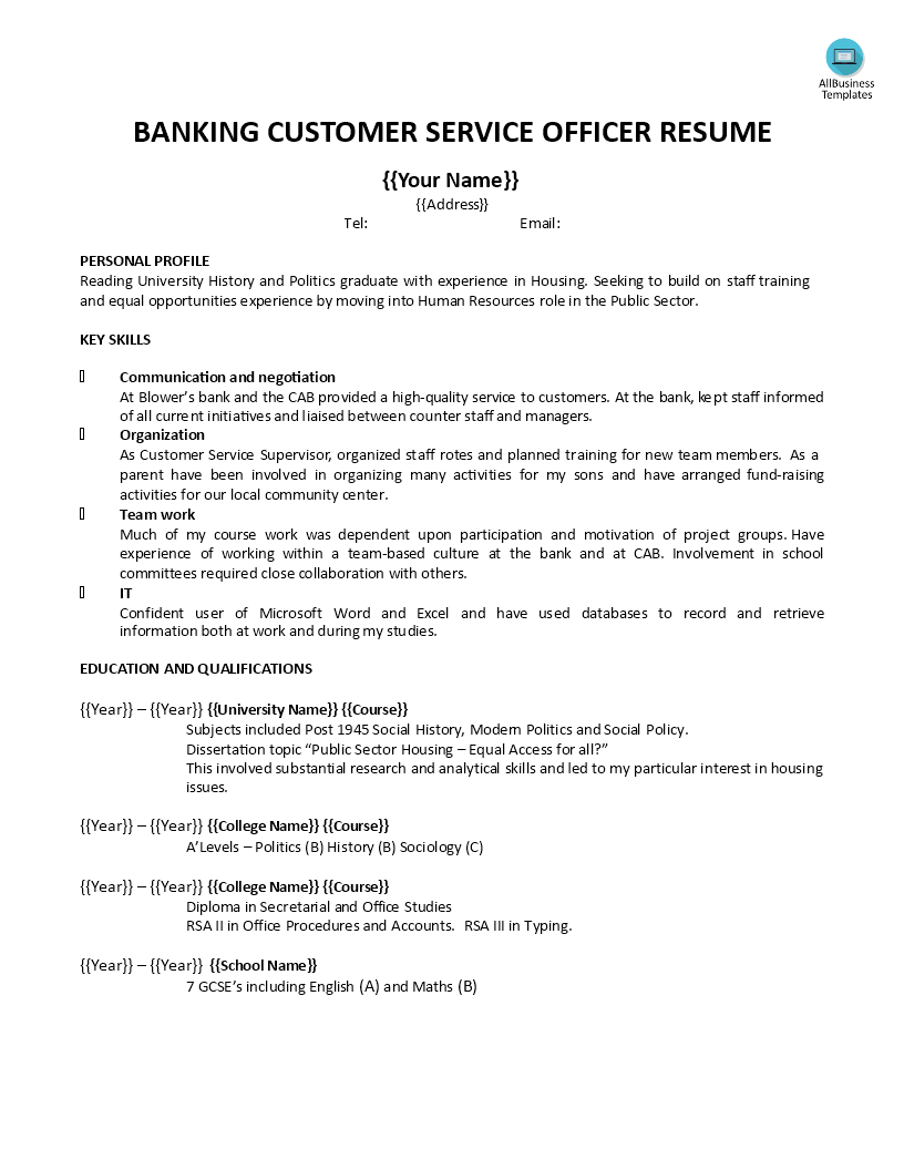 banking customer service officer resume modèles