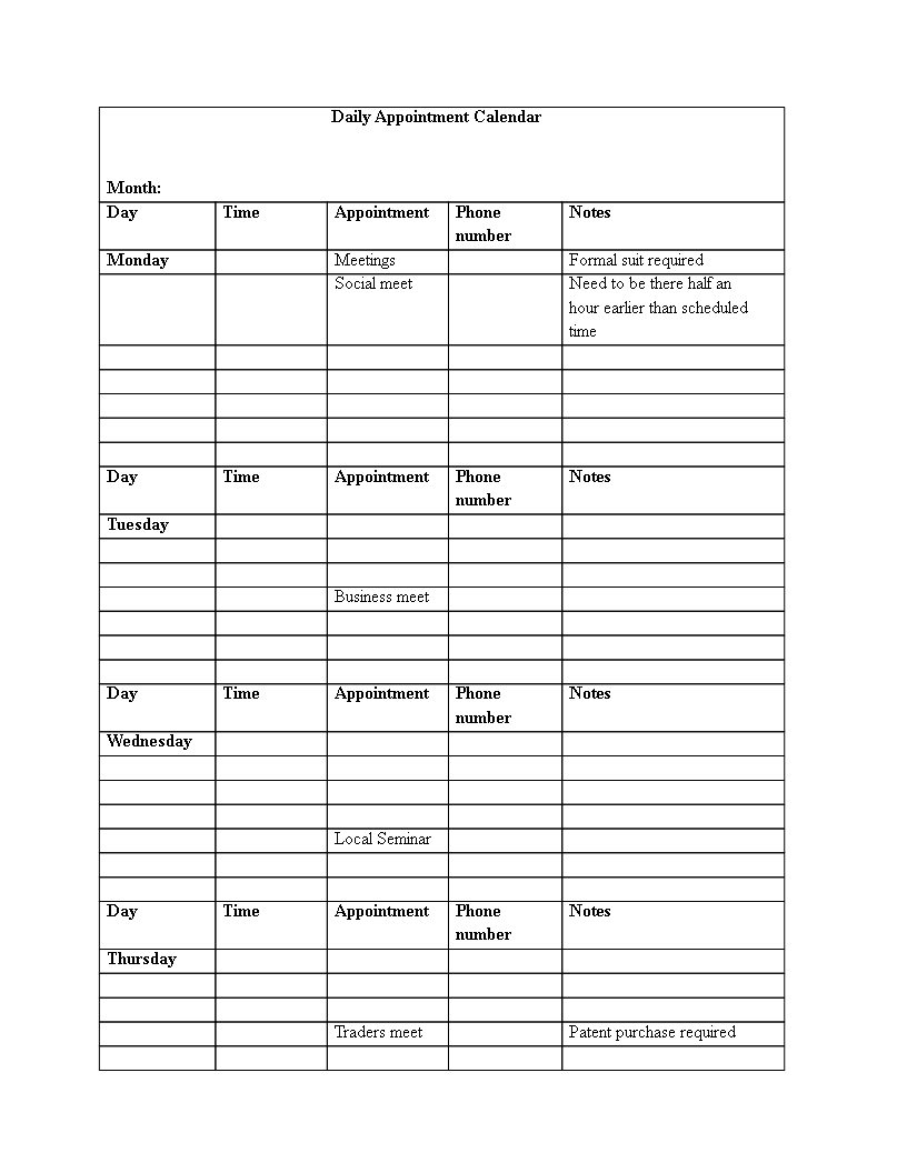 daily appointment calendar monthly template