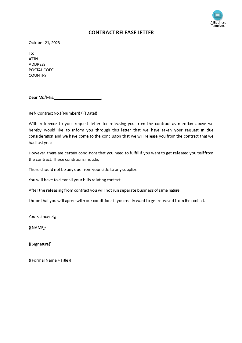 contract release letter template