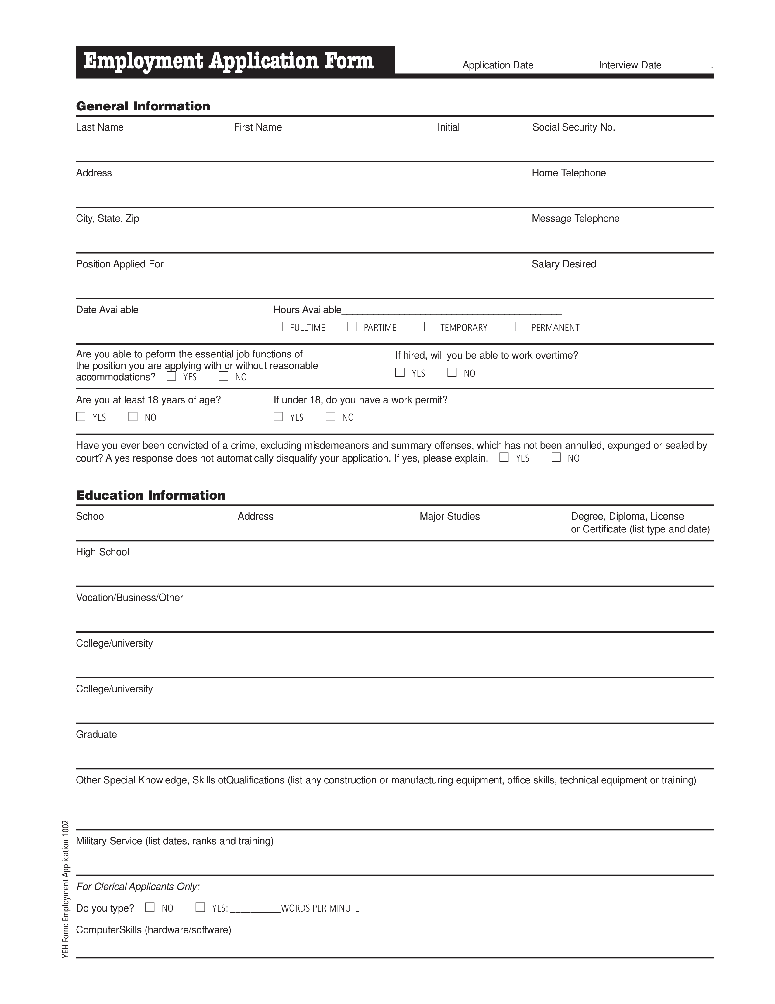 generic employment application form template modèles