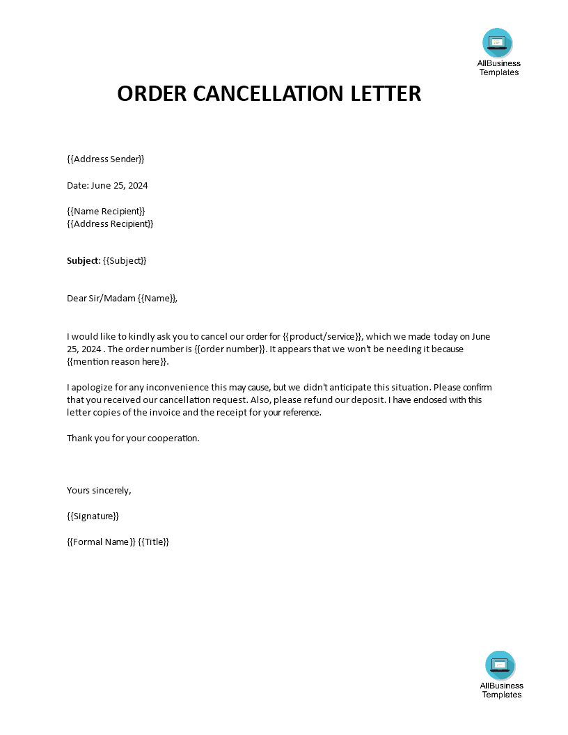 Kostenloses Cancel order letter