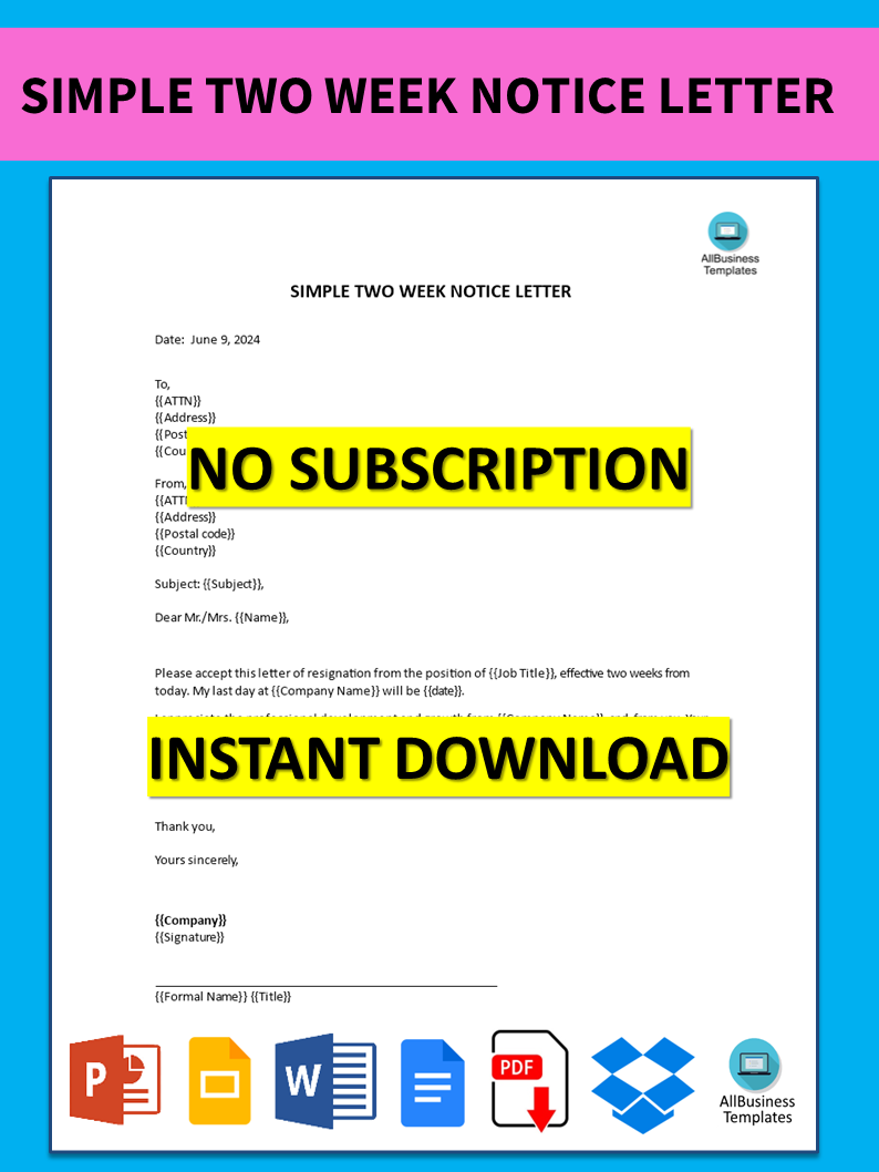 Télécharger Gratuit Simple Two Week Notice Letter