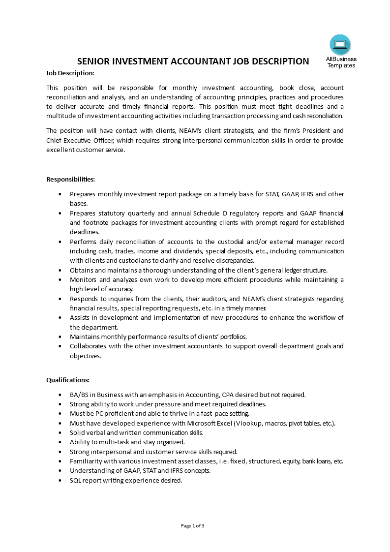 senior investment accountant job description template