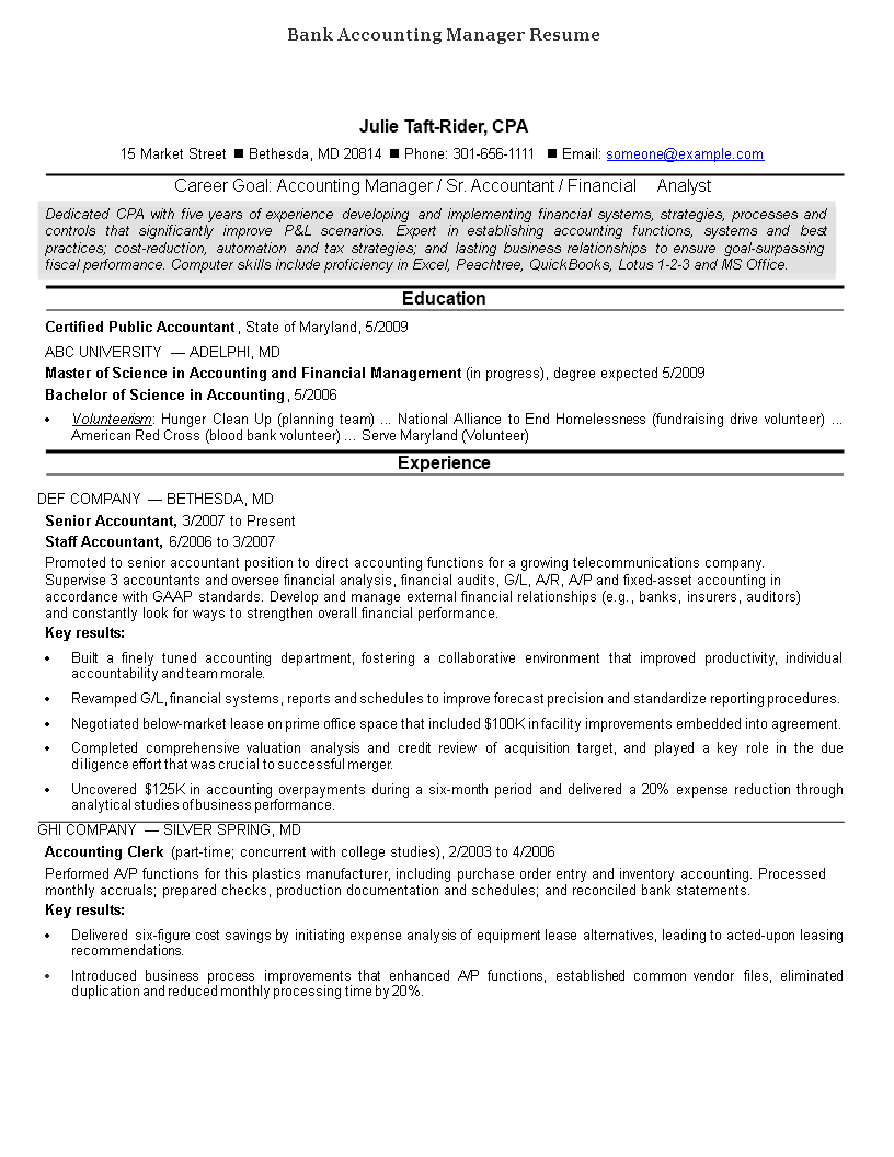 bank accounting manager resume template
