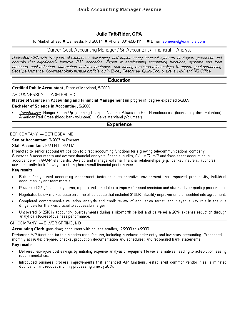 Bank Accounting Manager Resume main image