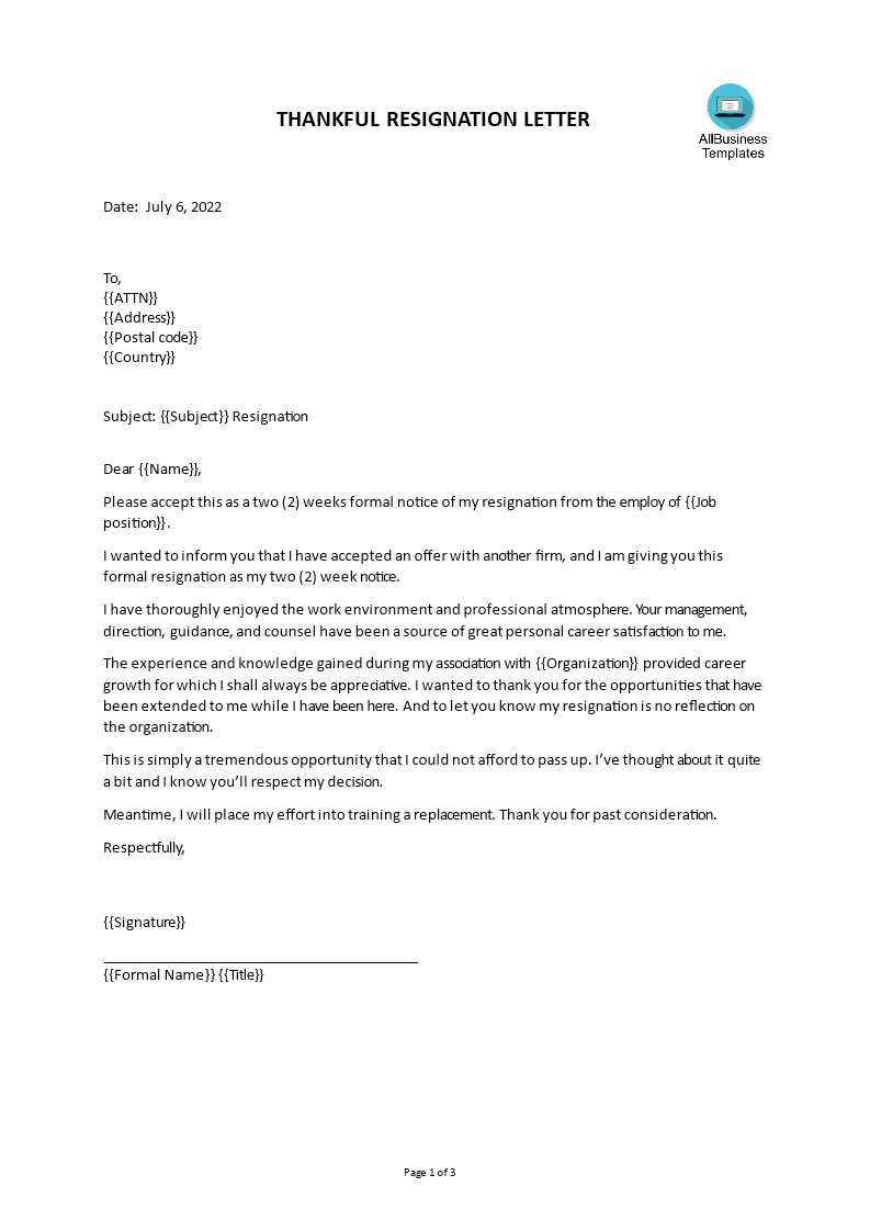 Kostenloses Employment Resignation Letter To Employer