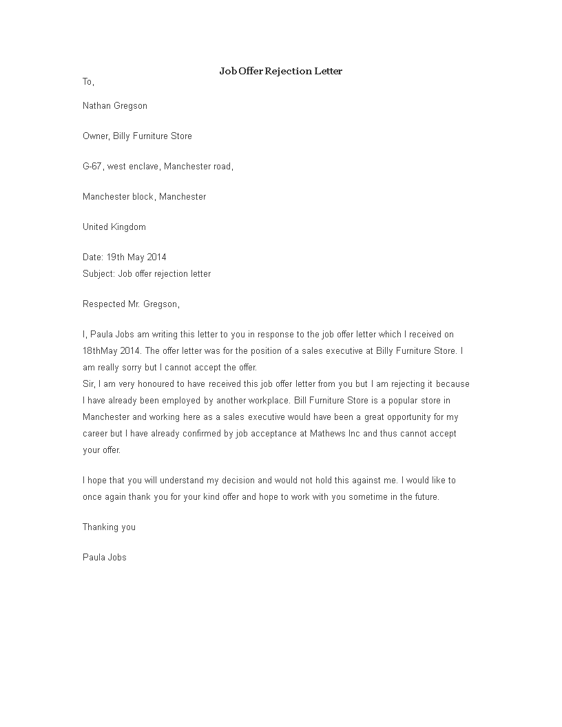 Job Offer Rejection Letter example main image