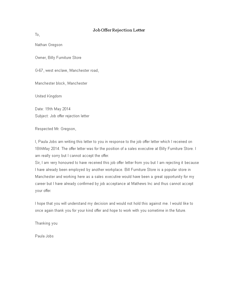 job offer rejection letter example template