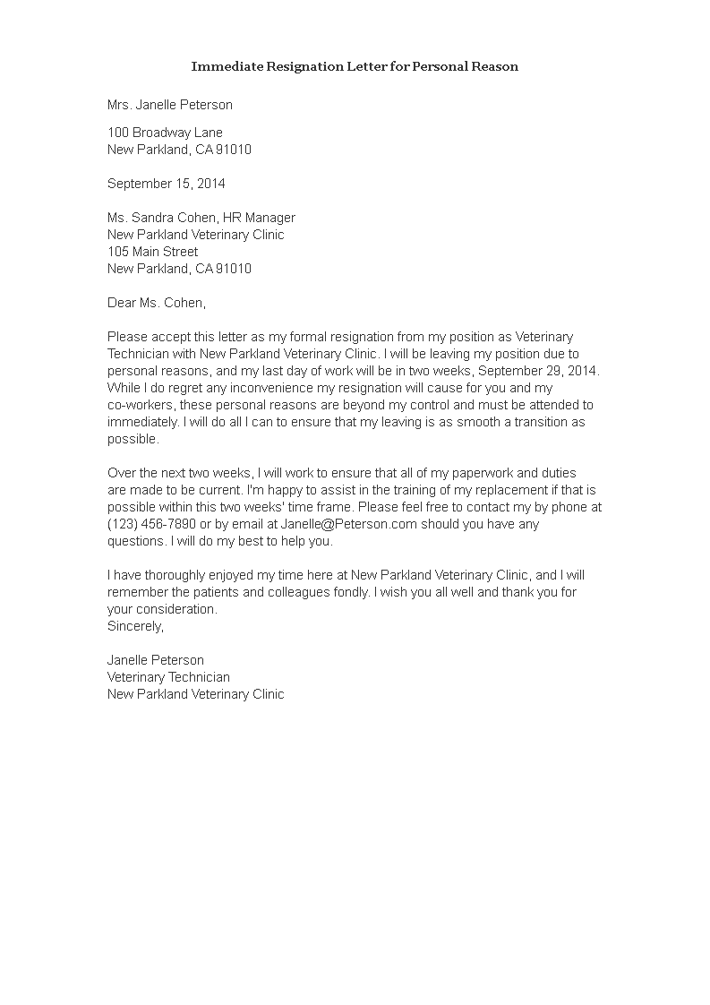 Immediate Resignation Letter For Personal Reason main image