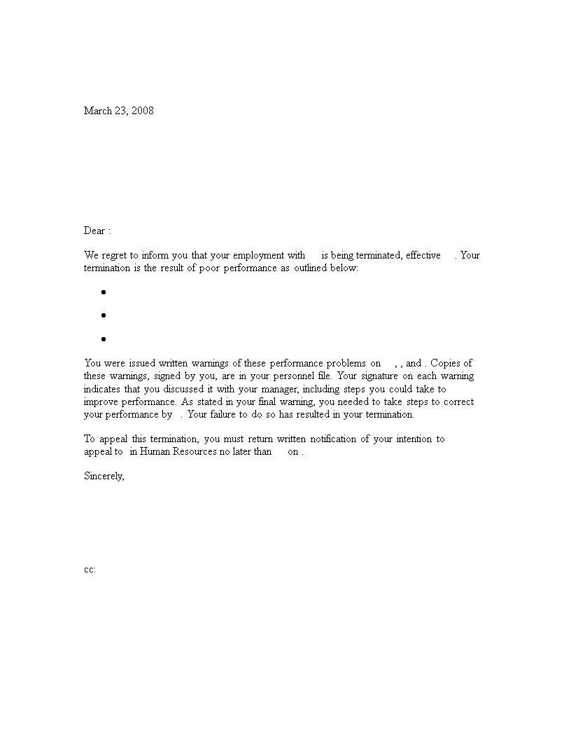 Sample appeal letter for job termination