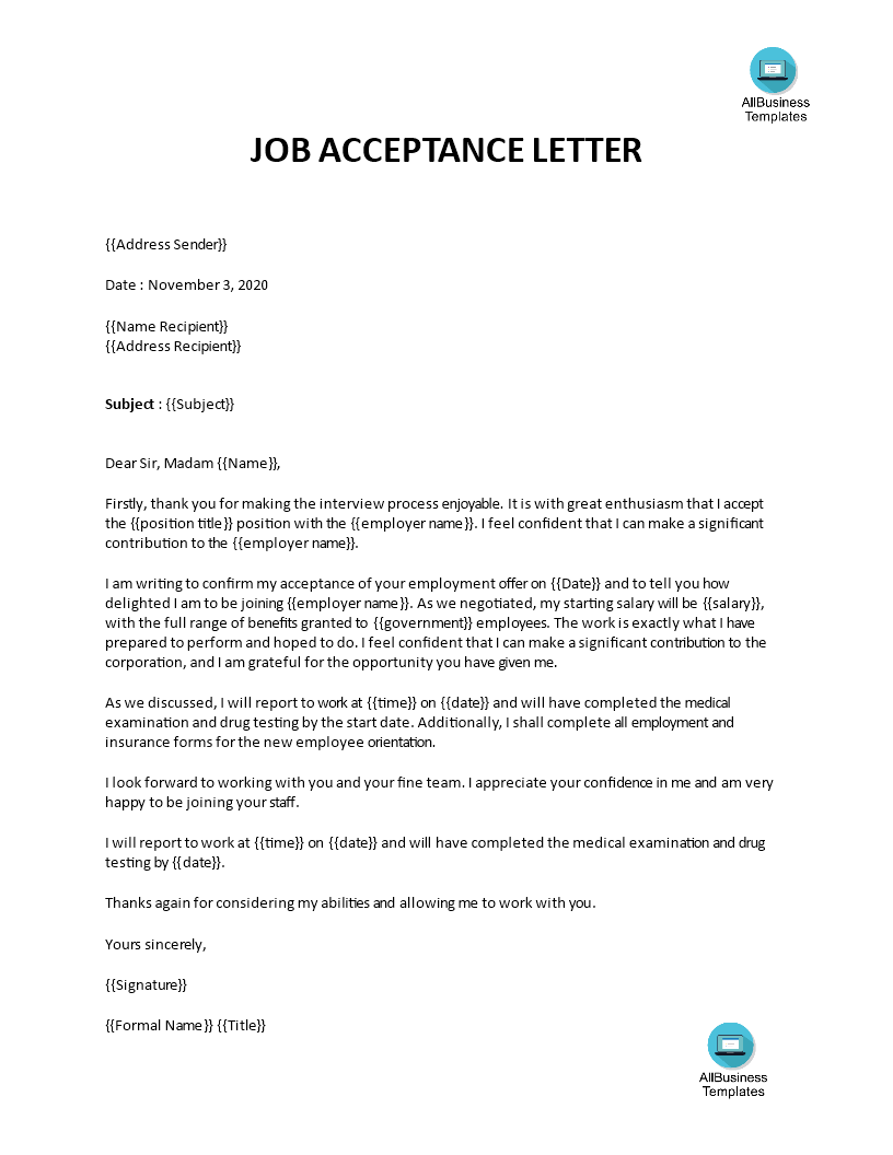 Job Offer Acceptance Letter Sample  Templates at