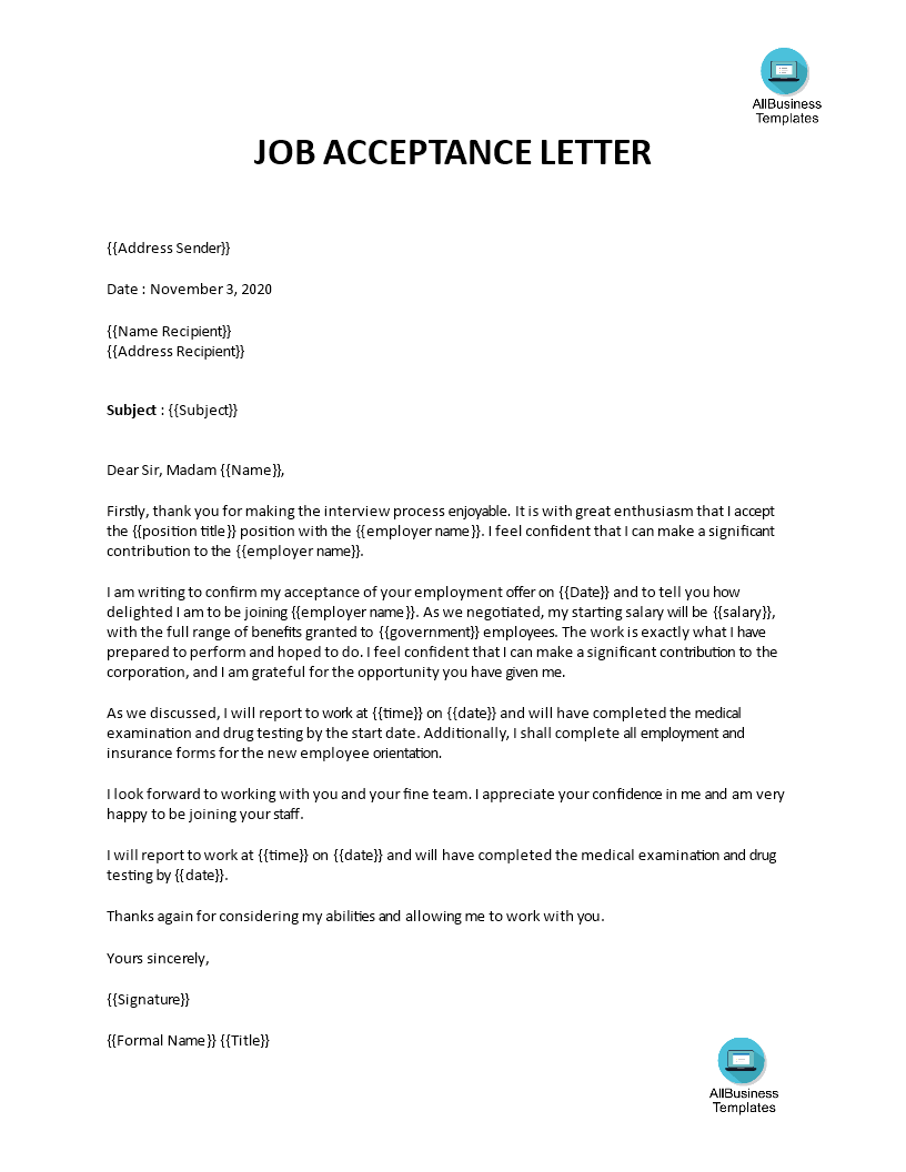 job offer acceptance letter sample template