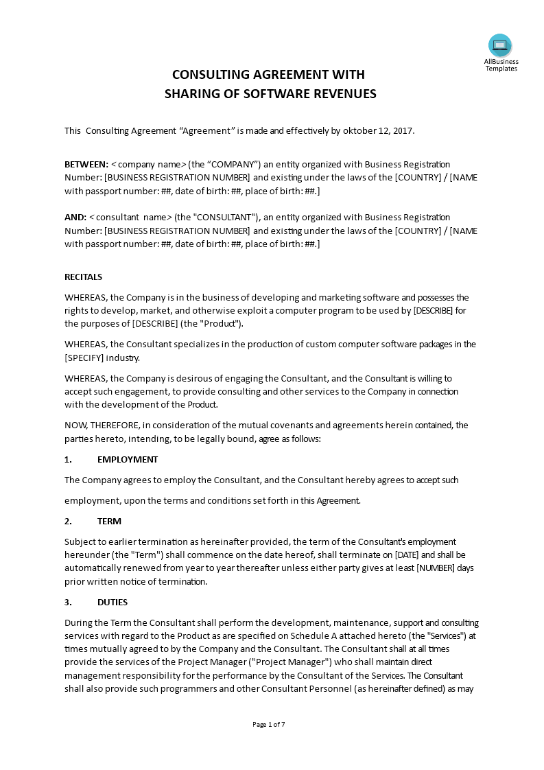 consulting agreement with sharing software revenues template