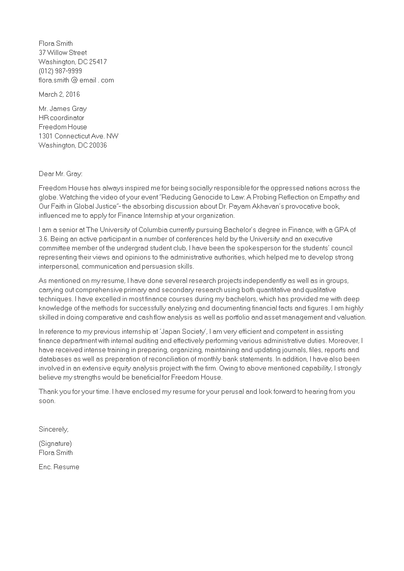 Cover Letter for Finance Student main image