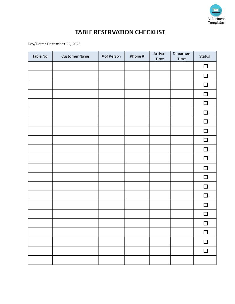 restaurant reservations checklist template