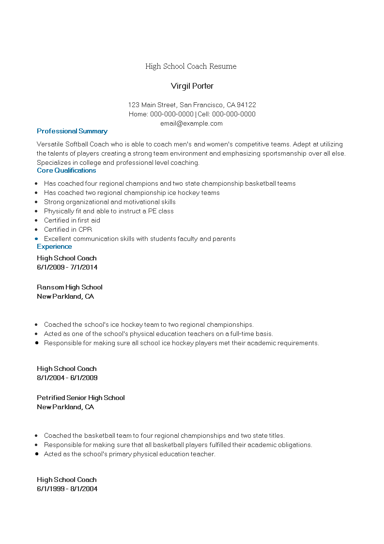 high school coach resume template