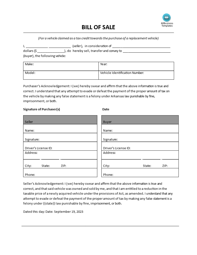 bill of sale template for car template