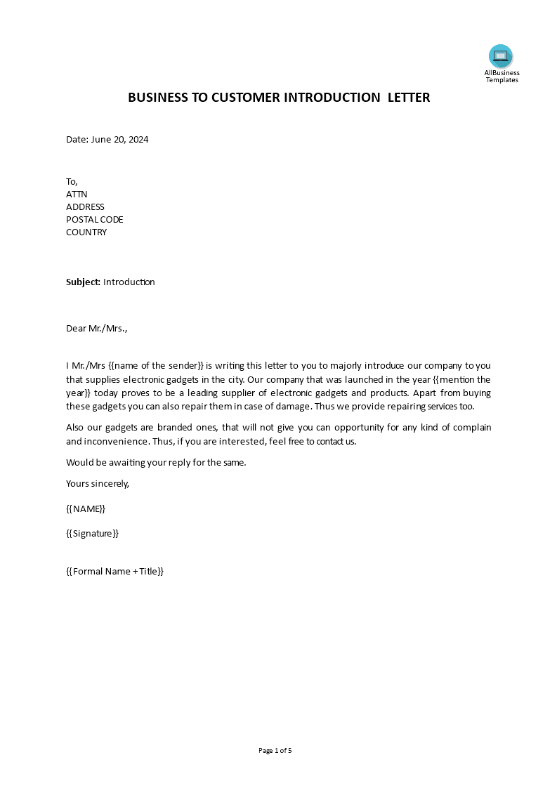 Business To Customer Introduction Letter  Templates at Throughout New Business Introduction Email Template