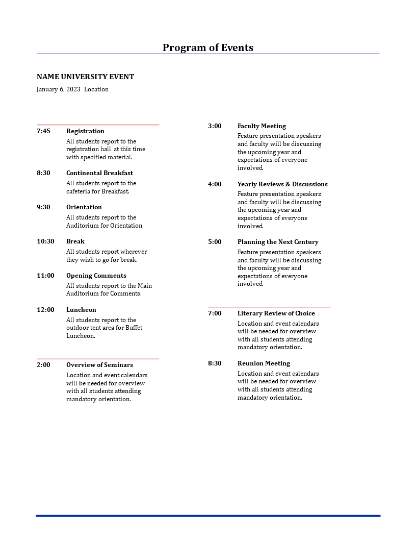 university annual agenda modèles