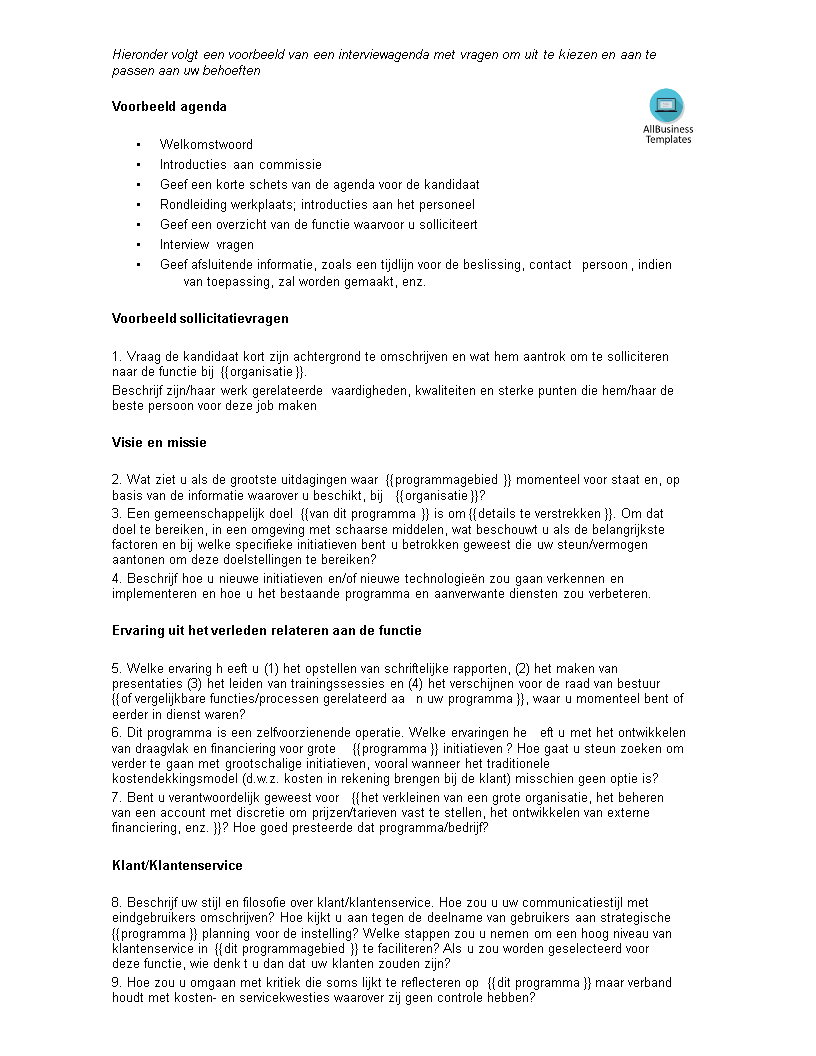 sollicitatiegesprek agenda voorbeeld template