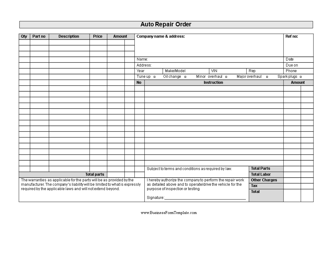 Free Auto Repair Shop Work Order Template Free Printable Templates