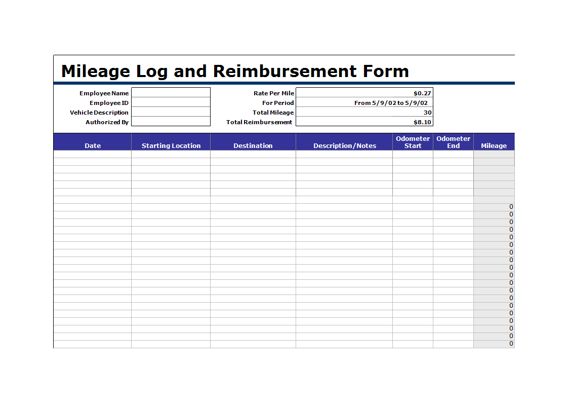 Mileage Log and Reimbursement Form sample 模板