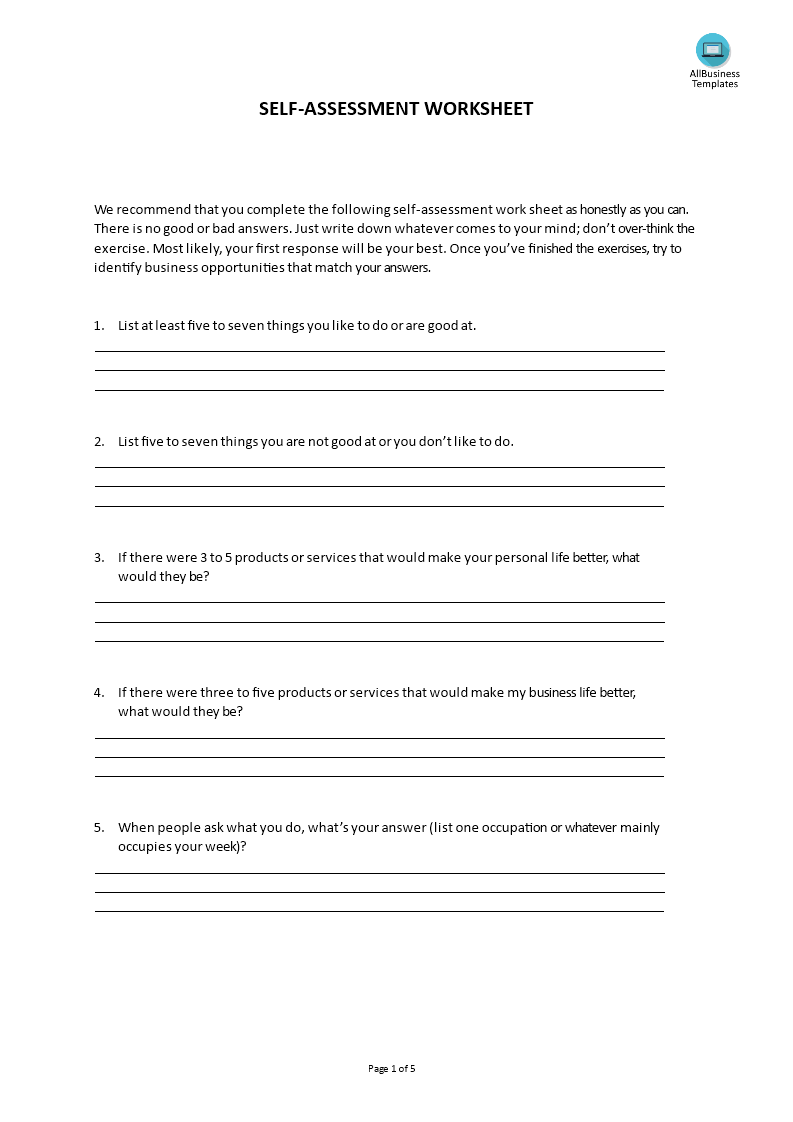 self assessment worksheet template