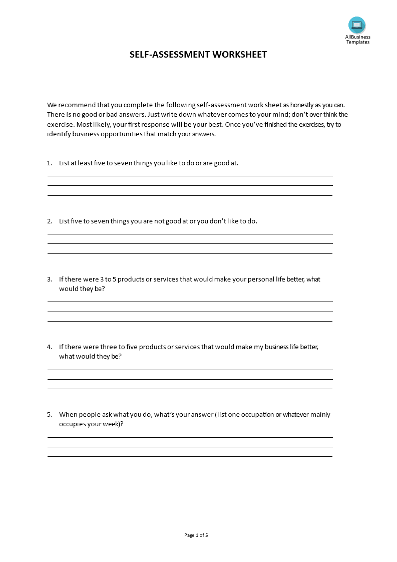 self assessment worksheet modèles