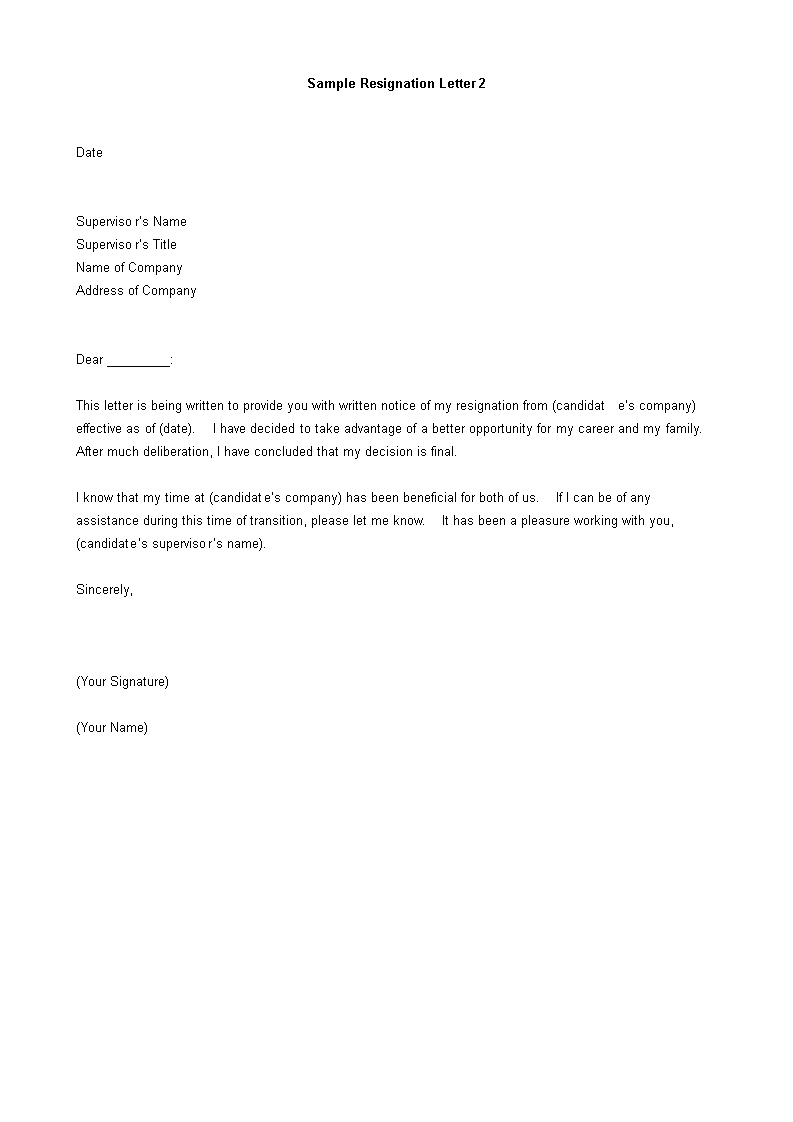 Kostenloses Resignation Letter Format for Better Opportunity