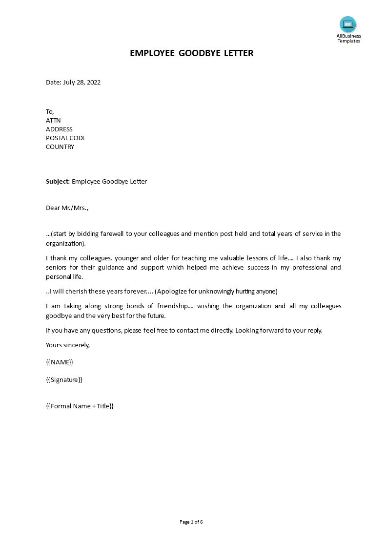 Professional Goodbye Letter to Coworkers | Templates at ...