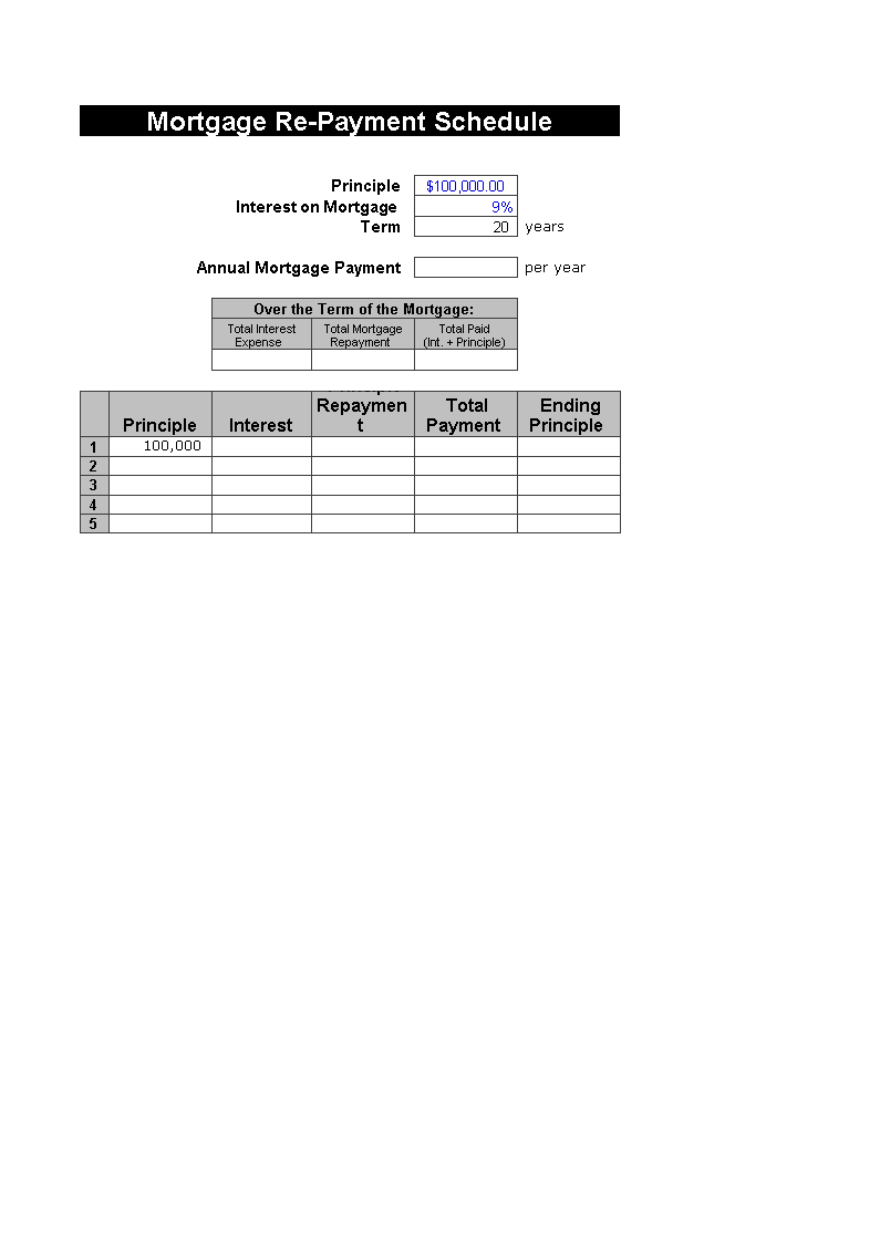 mortgage re-payment schedule excel template
