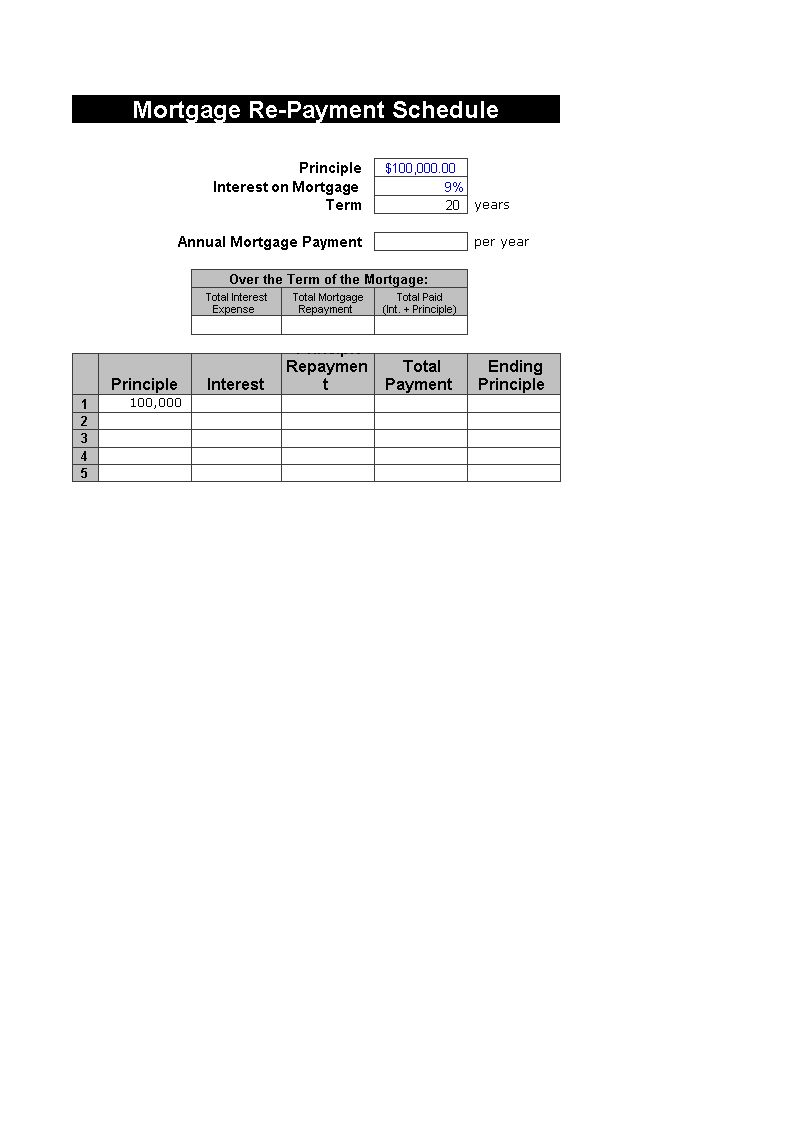 Mortgage Re-Payment Schedule Excel main image