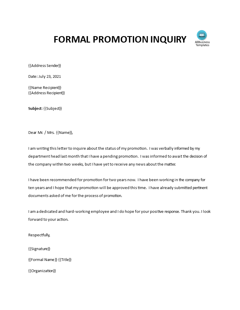 promotion inquiry letter modèles