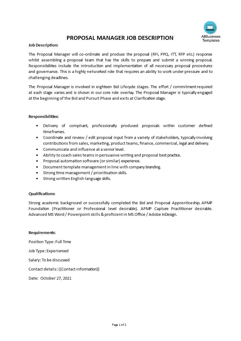 proposal manager job description voorbeeld afbeelding 