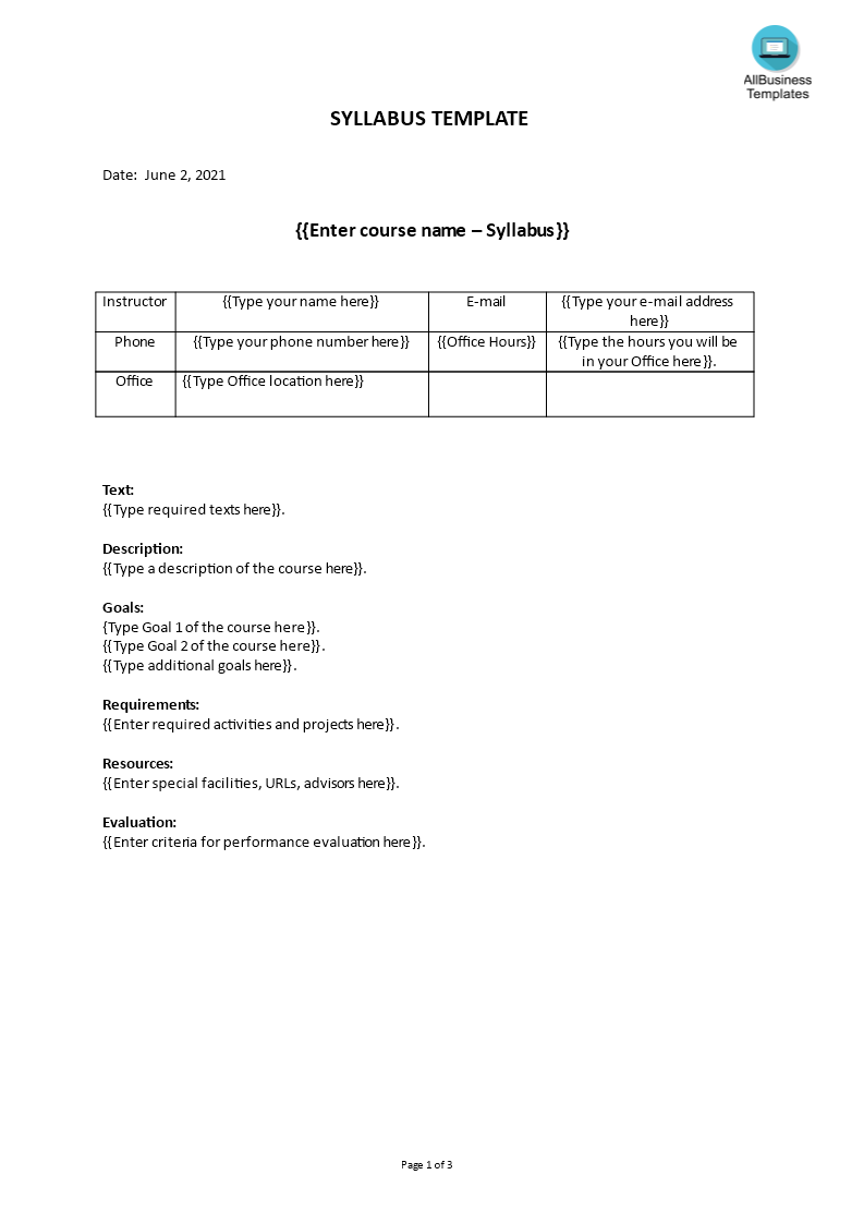 syllabus template voorbeeld afbeelding 