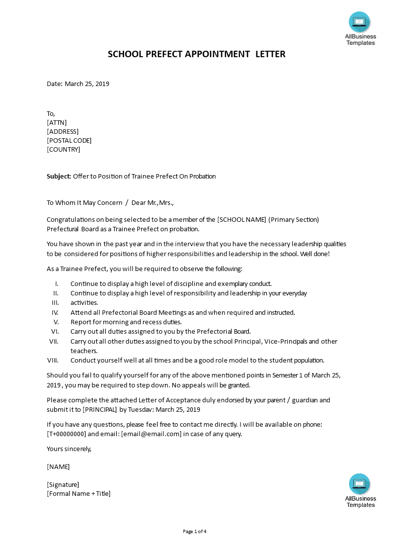 School Trainee Prefect Appointment Letter | Templates at ...
