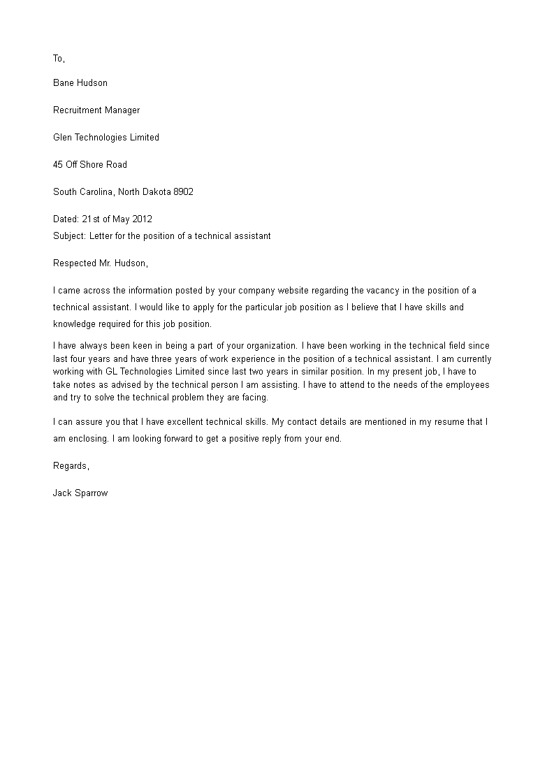 technical assistant cover letter template