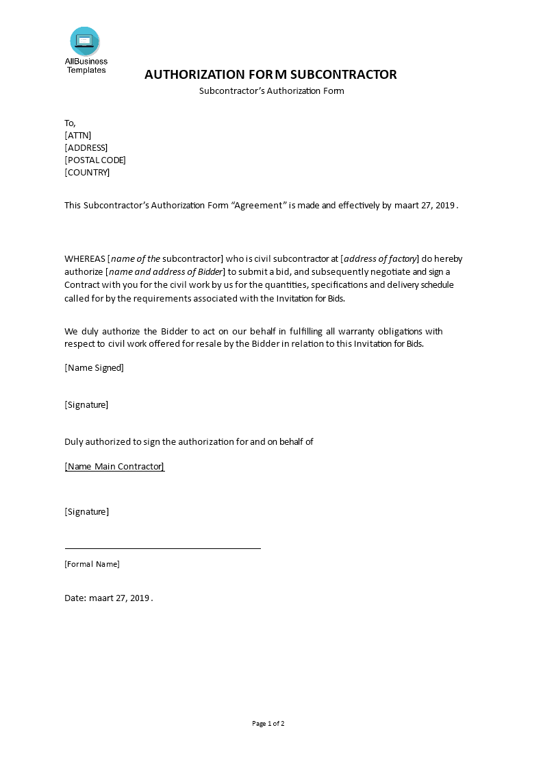Authorization Form Subcontractor main image