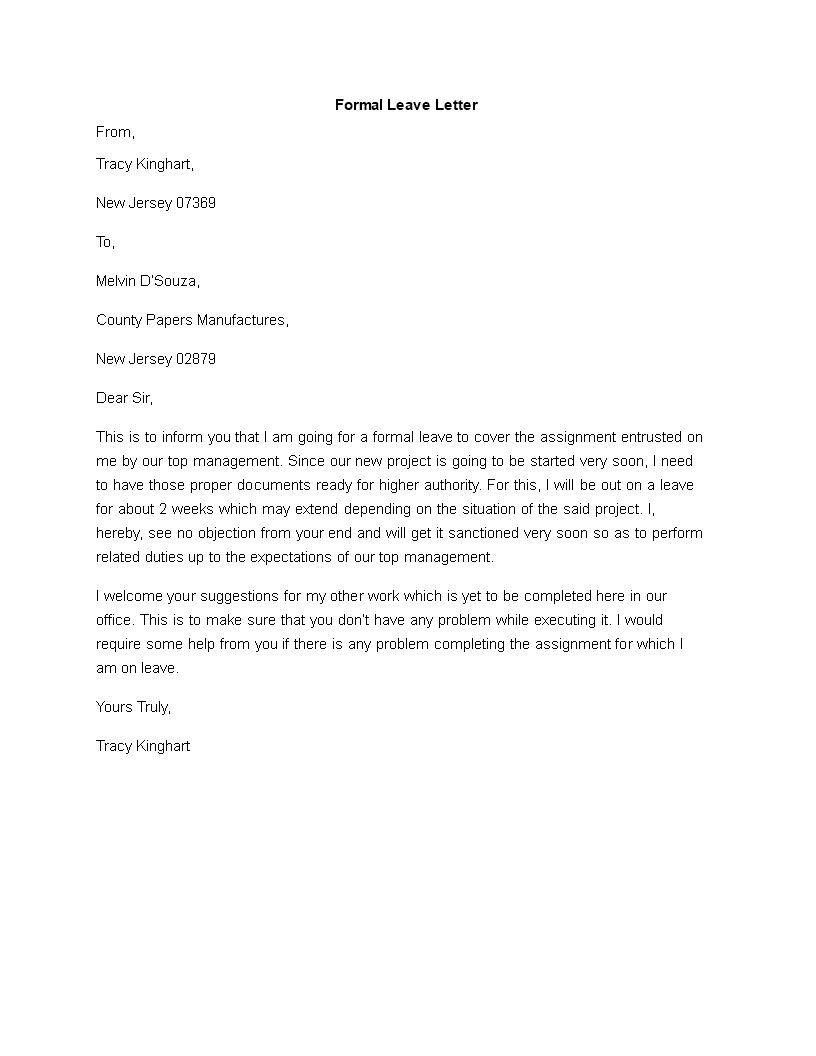 sample formal leave letter template