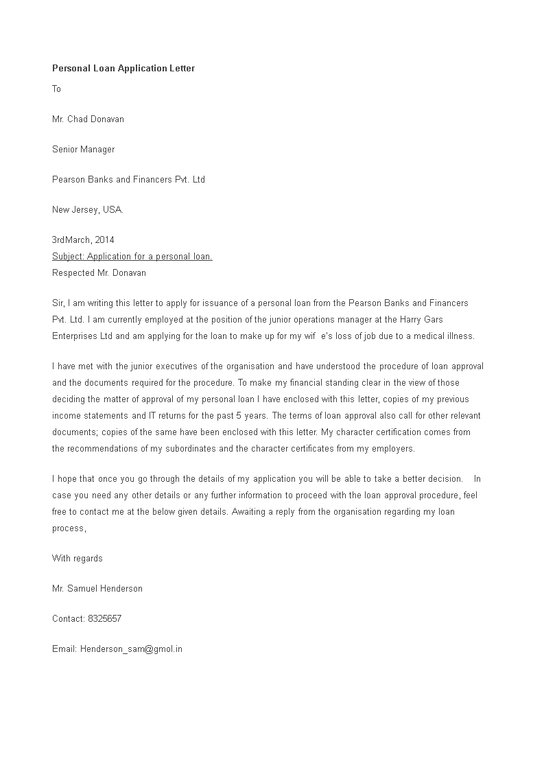 personal loan application letter template