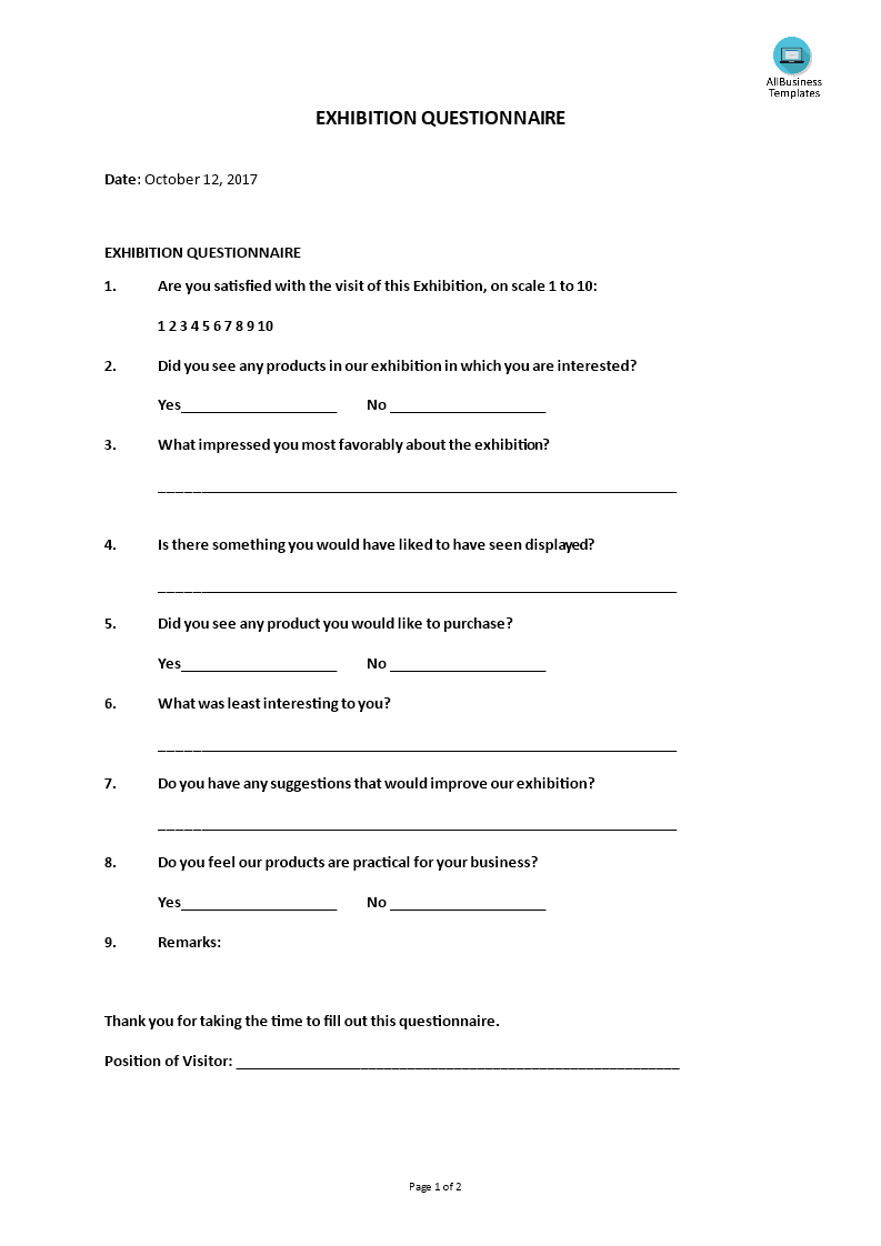 pr exhibition questionnaire for guests voorbeeld afbeelding 