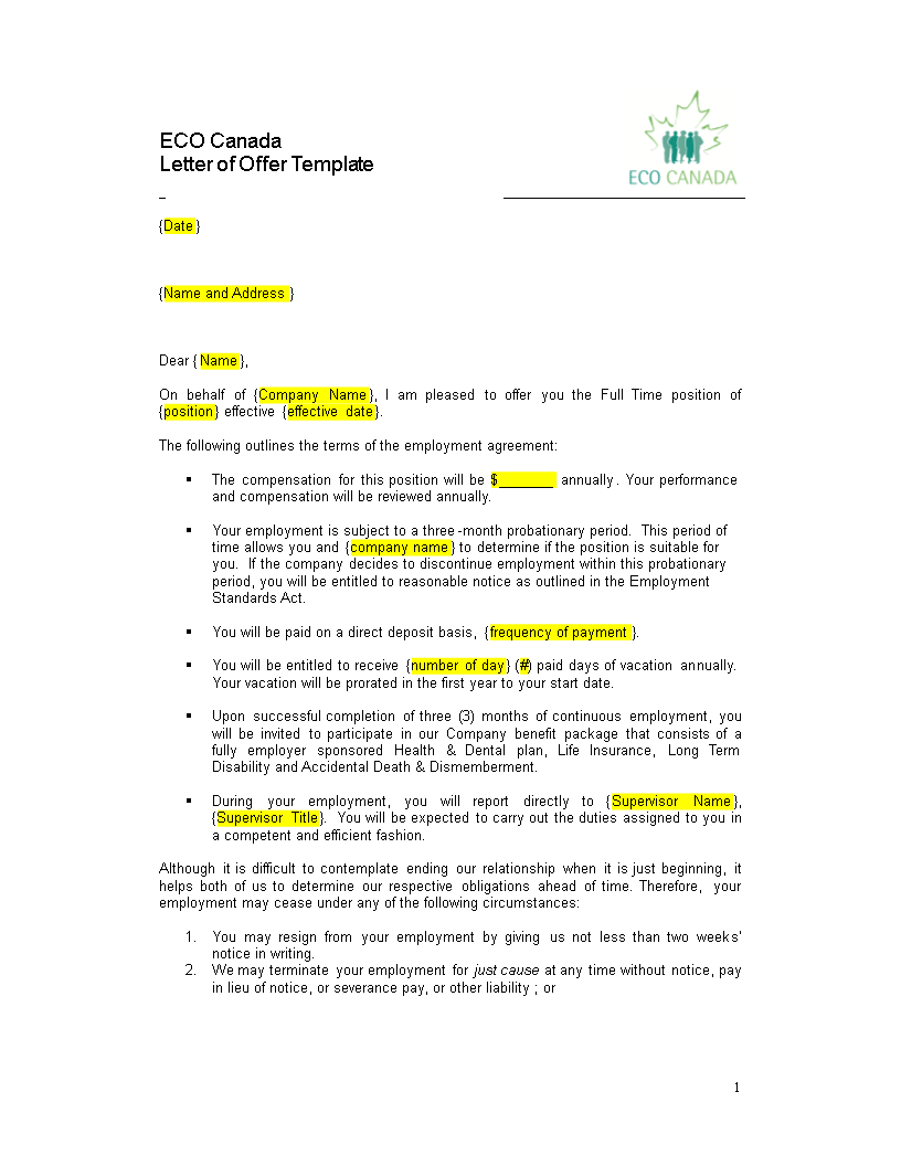 company offer letter example template