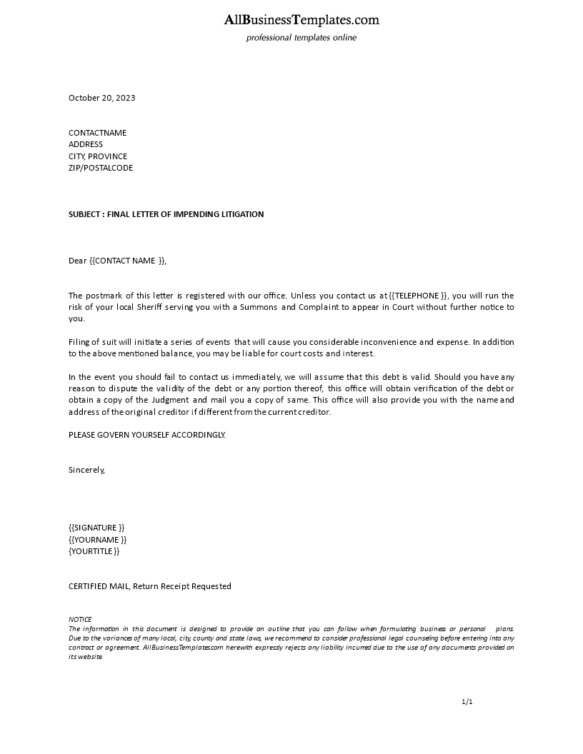 Formal Letter Final Notice Litigation | Templates at ...