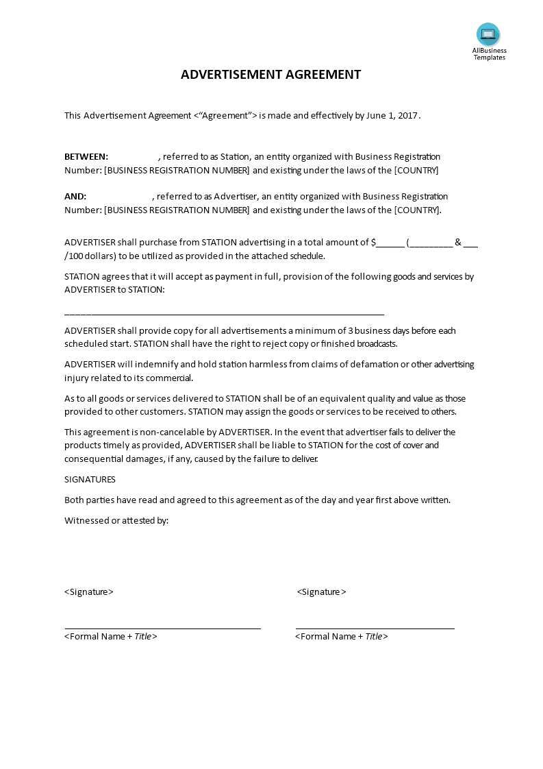 advertisement agreement template