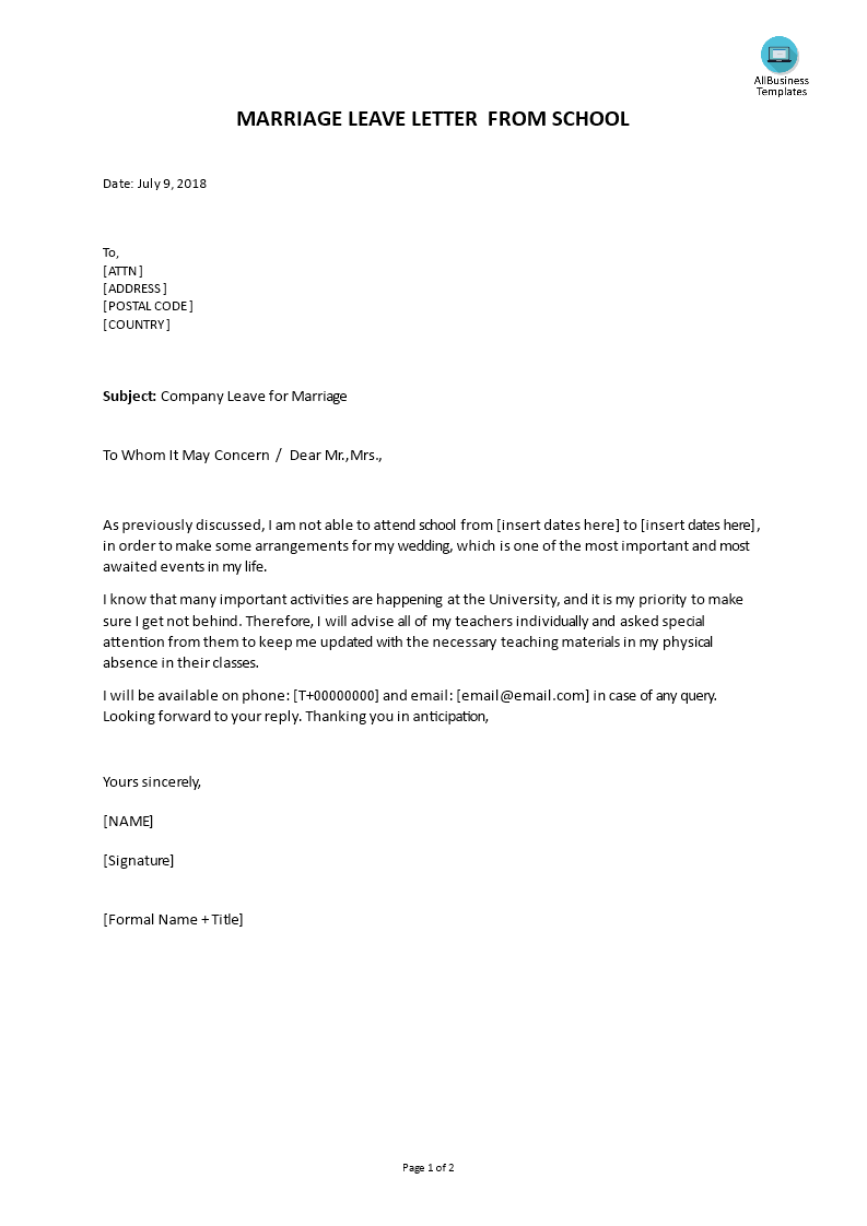 marriage leave letter for school template