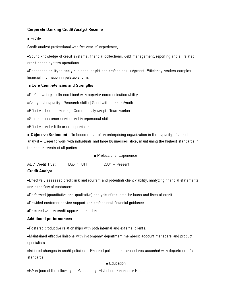 corporate banking credit analyst curriculum vitae template