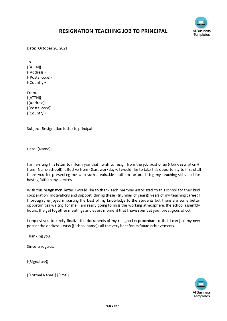 Kostenloses Sample Teacher Resignation Letter To Principal