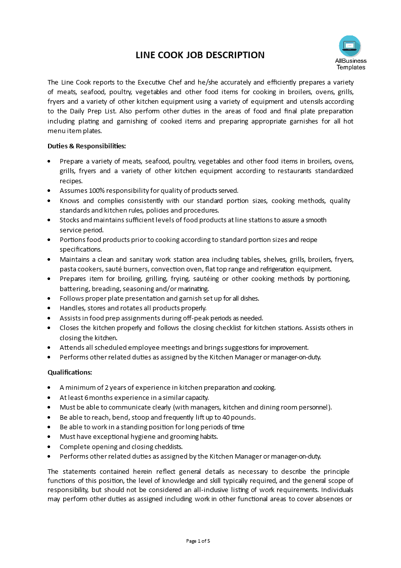 professional line cook job description template