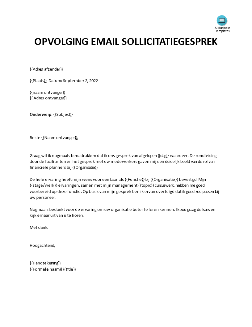 opvolging email na interview voorbeeld afbeelding 